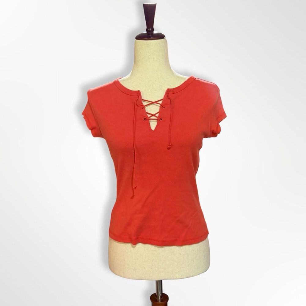 Express Jeans VTG Y2K Coral Orange Lace Up Notch Neck Short Sleeve Shirt, S